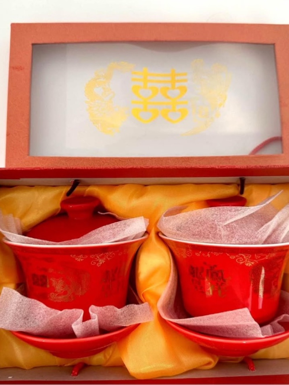Red Chinese Double Happiness Tea Cup Set